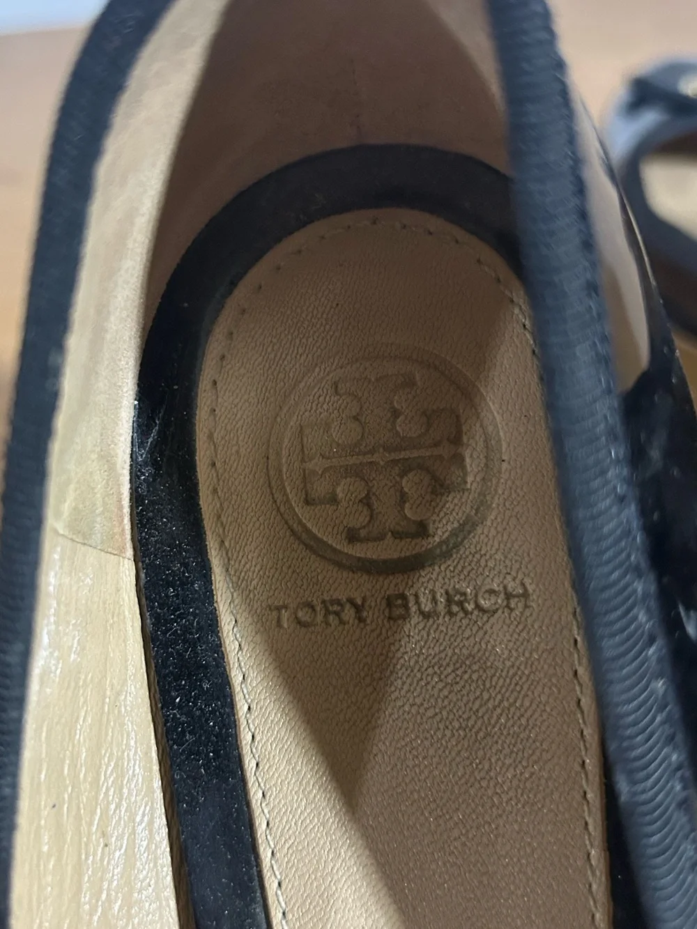 Tory Burch Black Patent Low Block Heel Pumps with Gold Logo